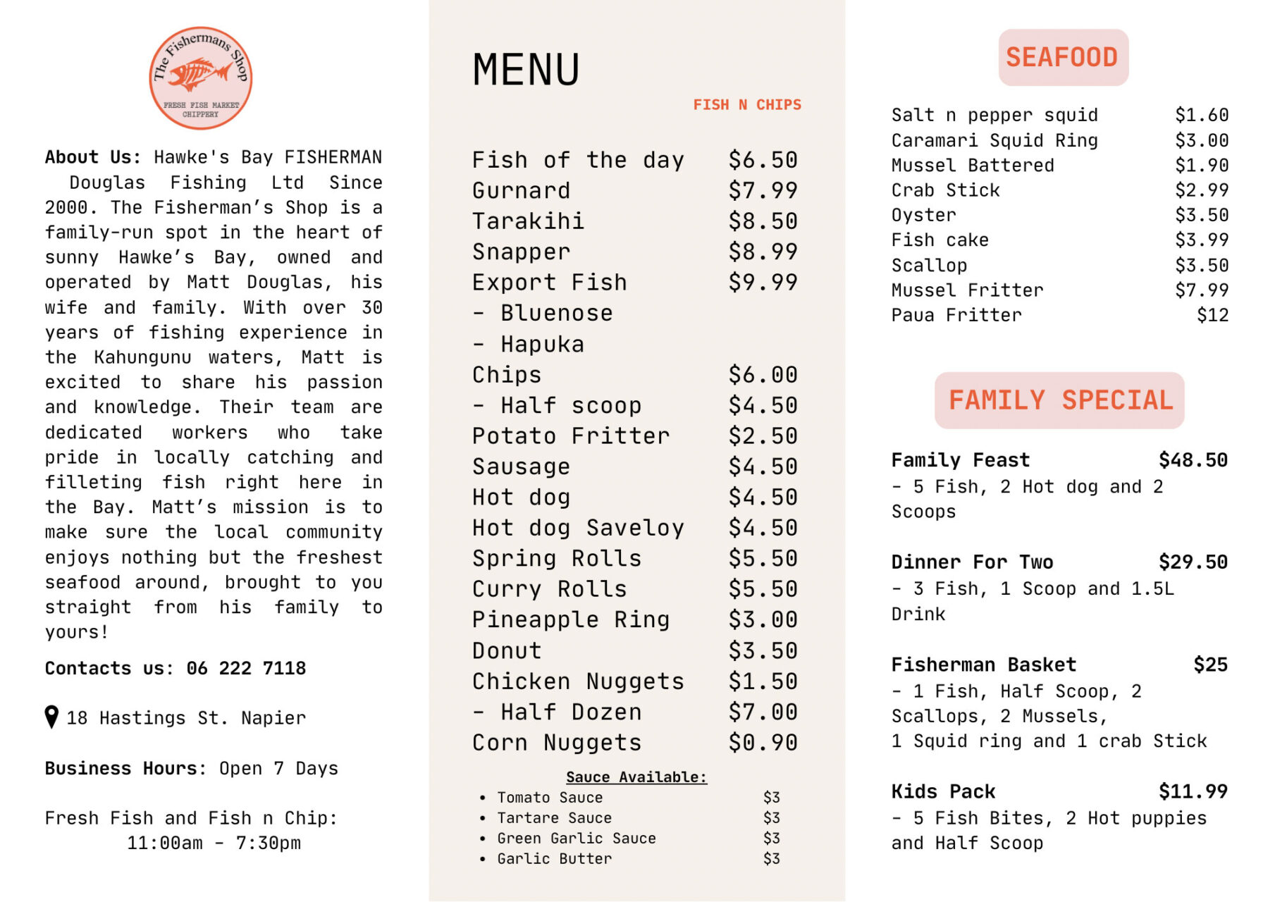 Napier Street Menu