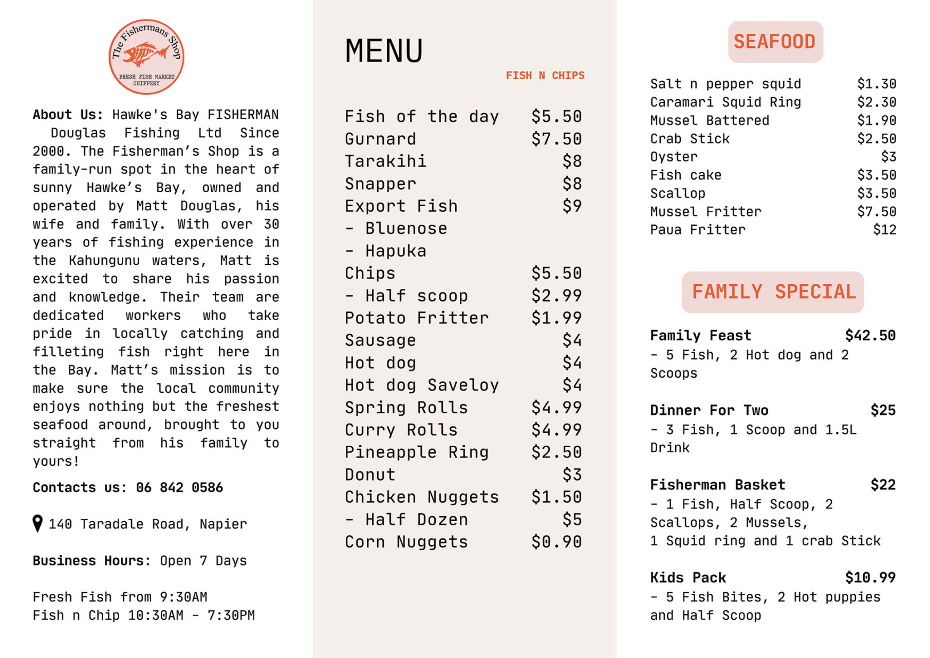 Taradale Rd Menu