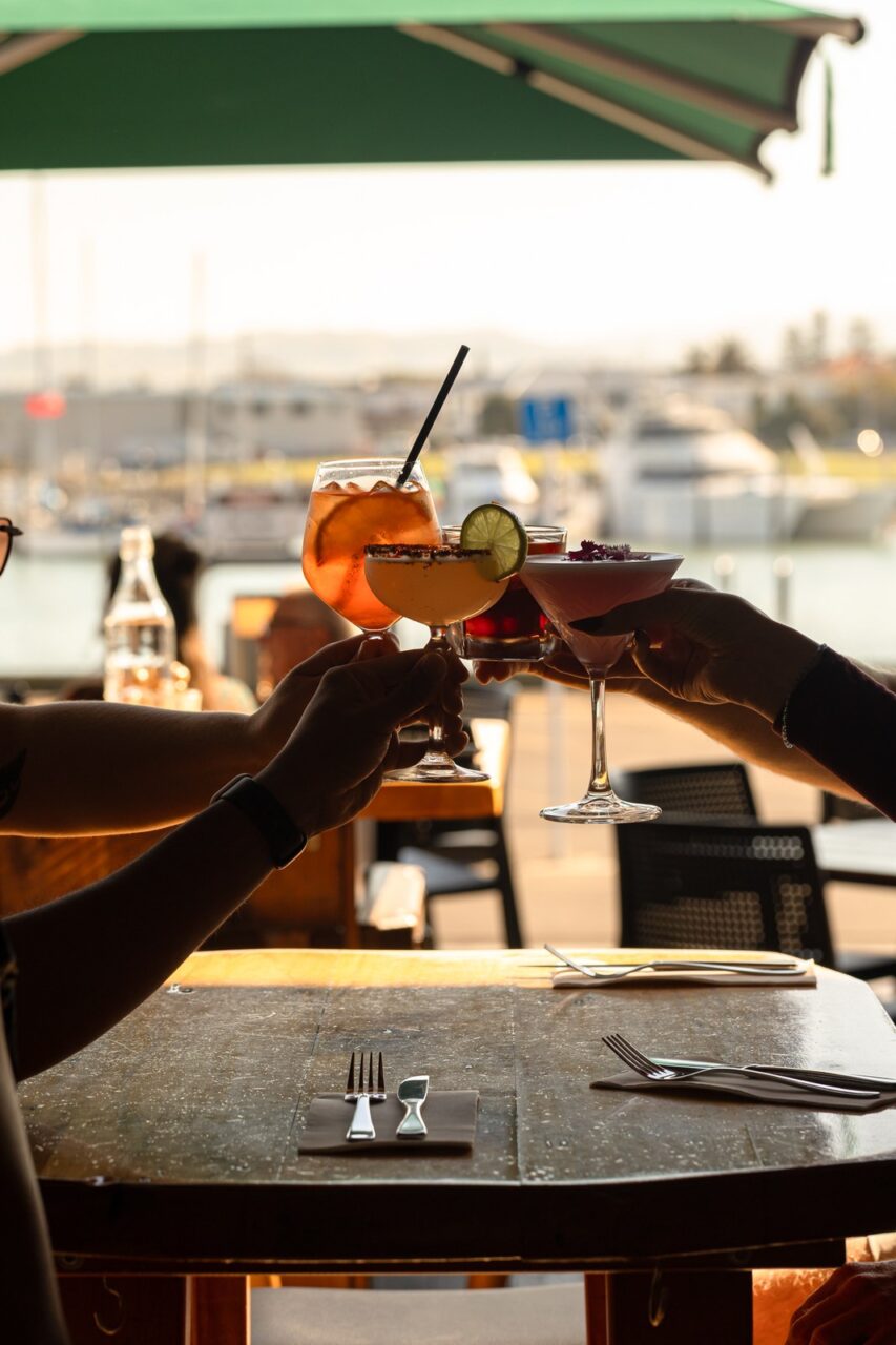 The Gintrap Restaurant & Bar - cocktails on the deck overlooking the marina in Napier